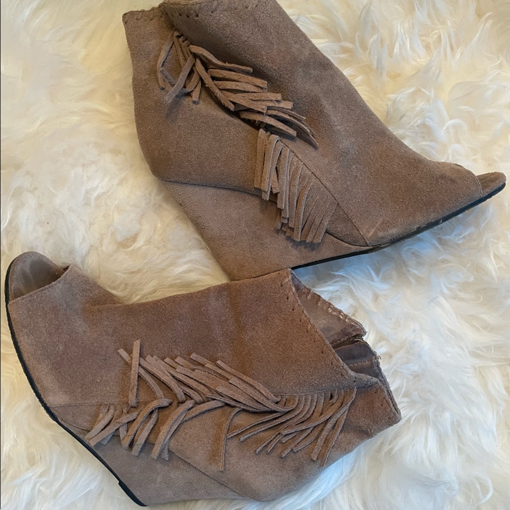 Used, super comfy suede wedge booties. Size 8.5. Vince Camuto Tecca.